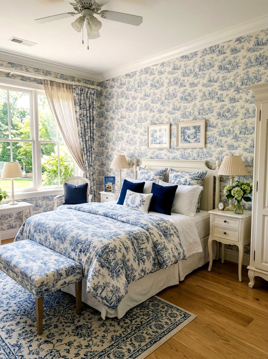 Blue and white toile bedroom - 30 toile decor ideas