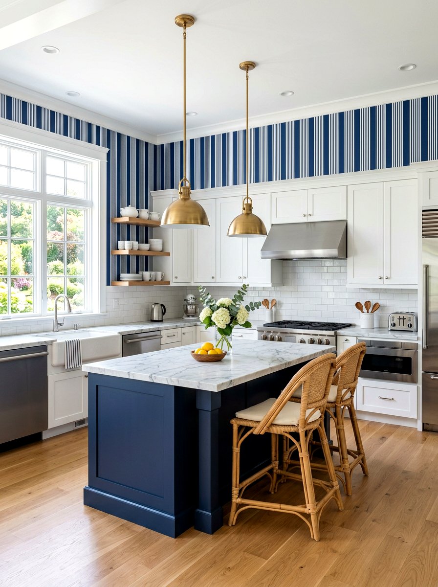 Blue and white vertical striped kitchen - 30 striped kitchen wallpaper ideas