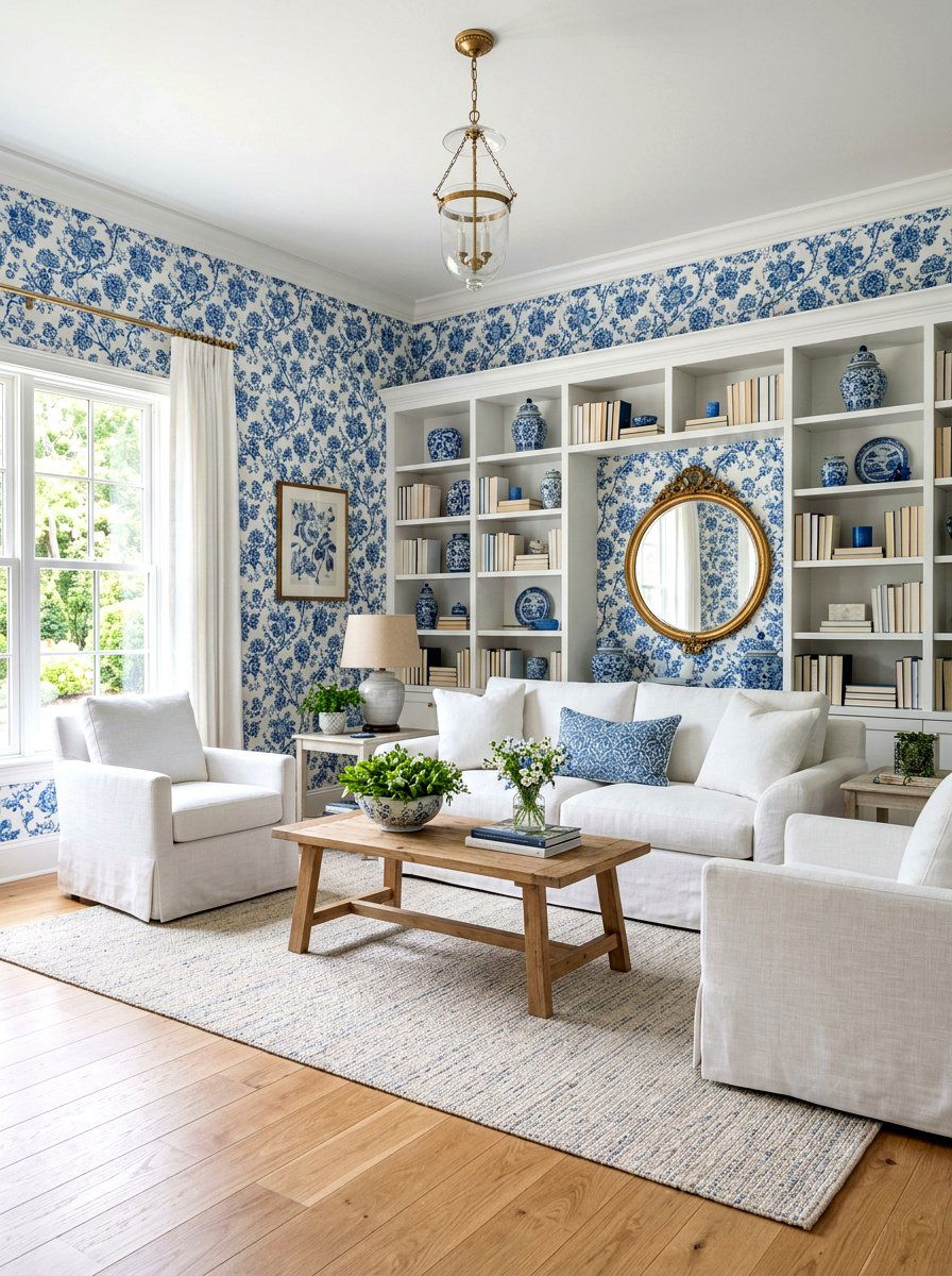 Blue and white wallpaper - 30 blue and white living room decor ideas