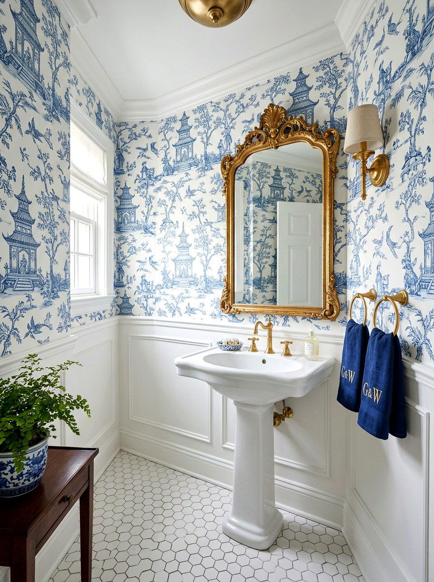 Blue and white wallpaper - 30 traditional powder room ideas