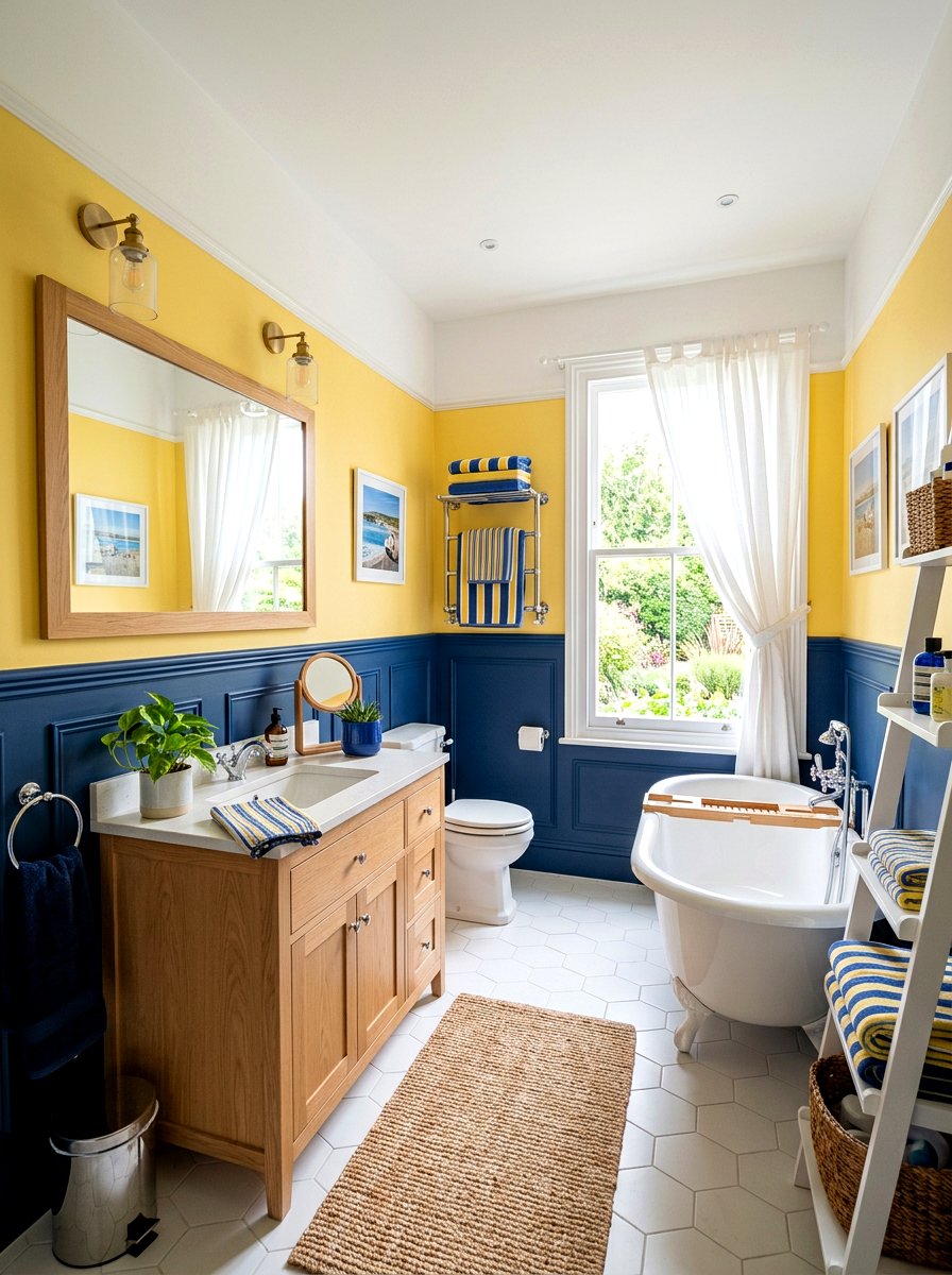 Blue and yellow bathroom - 30 color blocked bathroom ideas