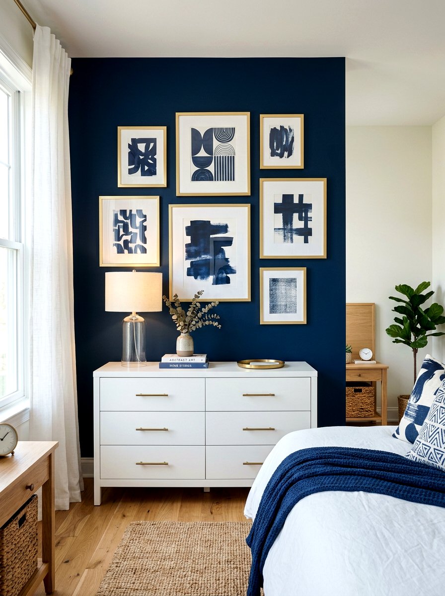 Blue bedroom gallery wall - 30 inky blue bedroom decor ideas