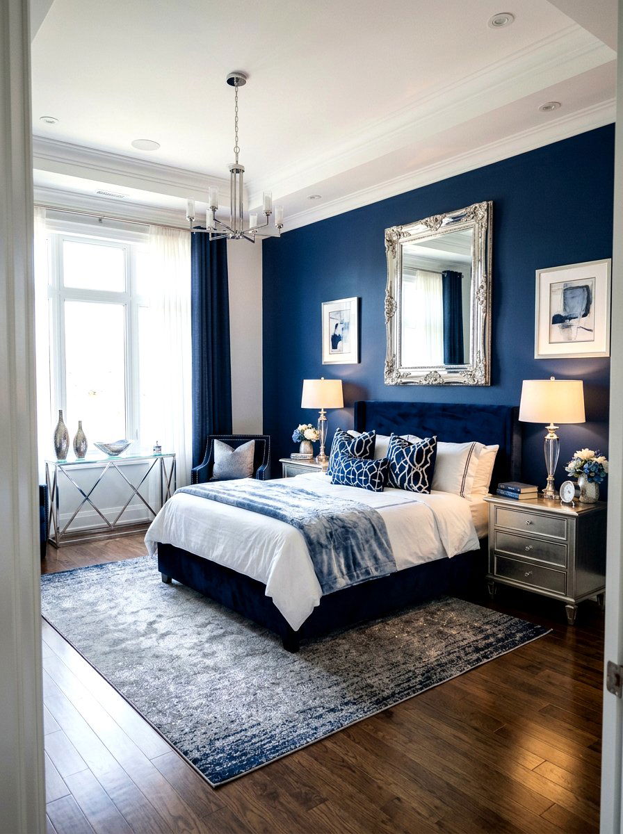 Blue bedroom metallic accents - 30 inky blue bedroom decor ideas