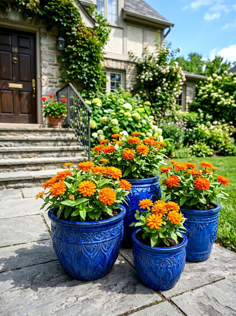 Blue ceramic pots - 30 front yard planter ideas