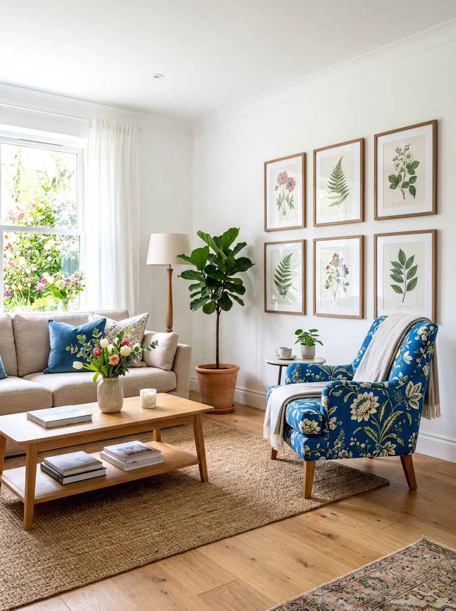 Blue floral prints - 30 blue and white living room decor ideas