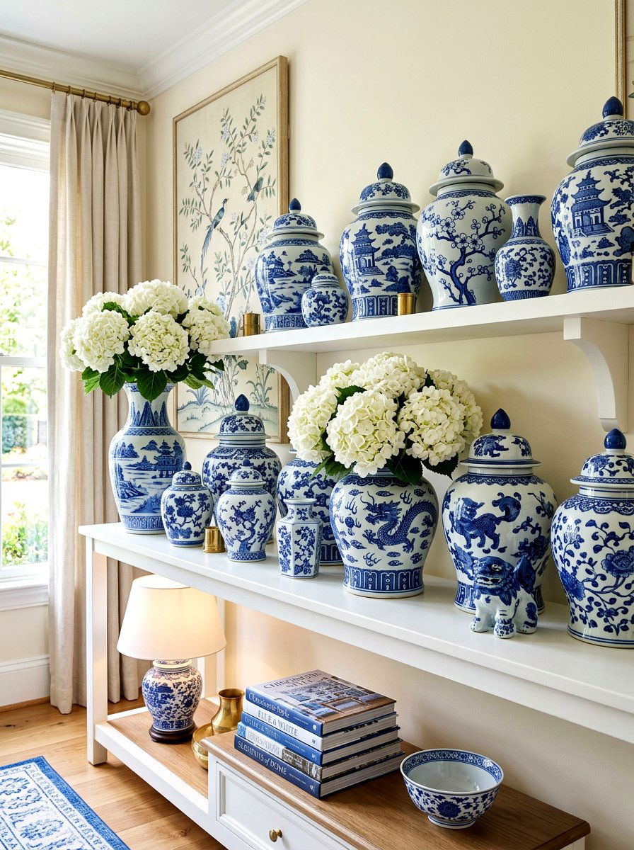 Blue ginger jar shelf - 30 summer shelf decor ideas