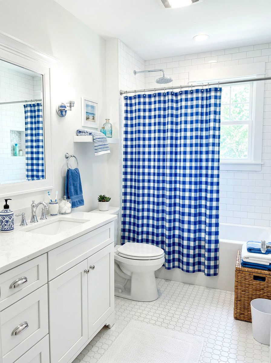 Blue gingham shower curtain - 30 shower curtain bathroom ideas
