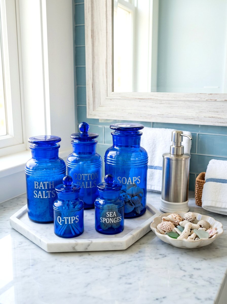 Blue glass apothecary jars - 30 coastal grandmother bathroom ideas