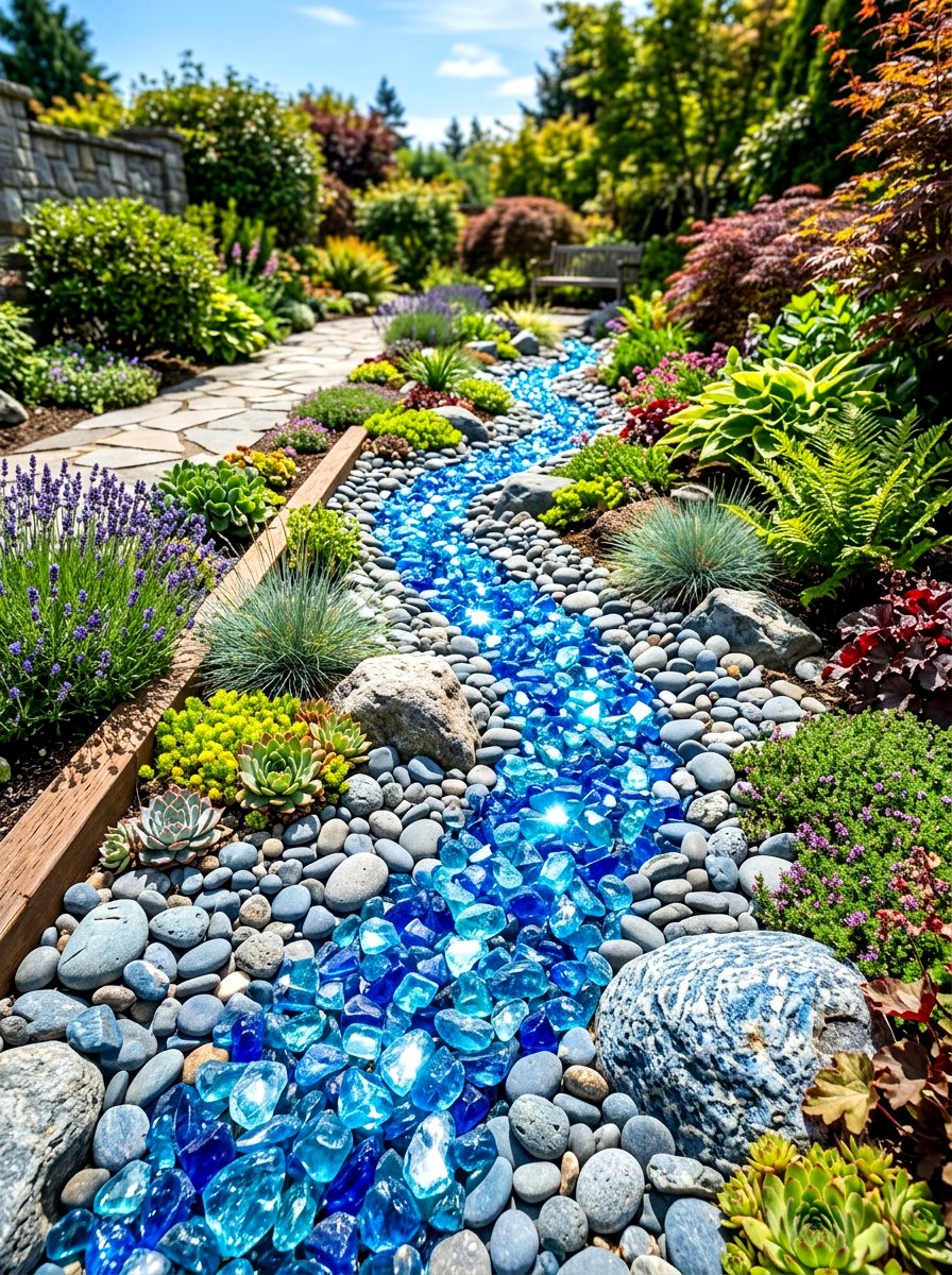 Blue glass dry creek bed - 30 dry creek bed ideas