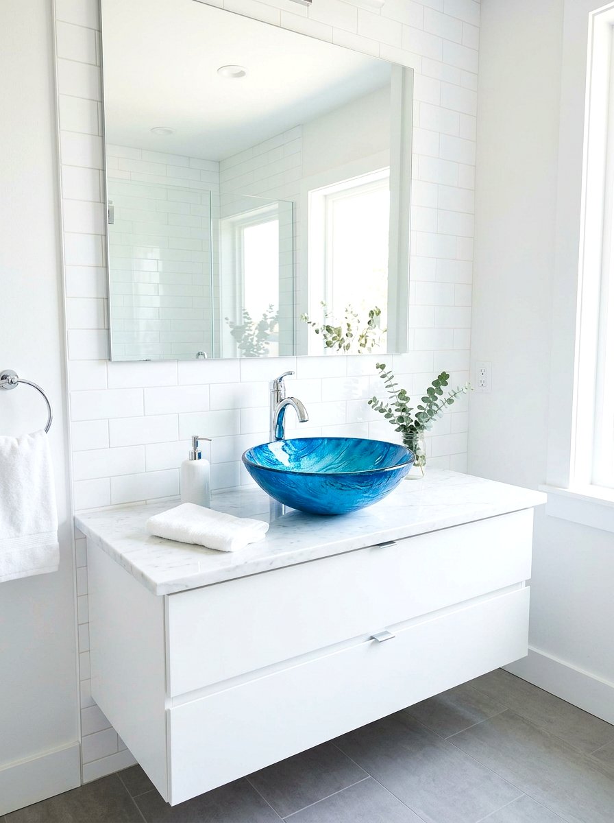Blue glass vessel sink - 30 vessel sink powder room ideas