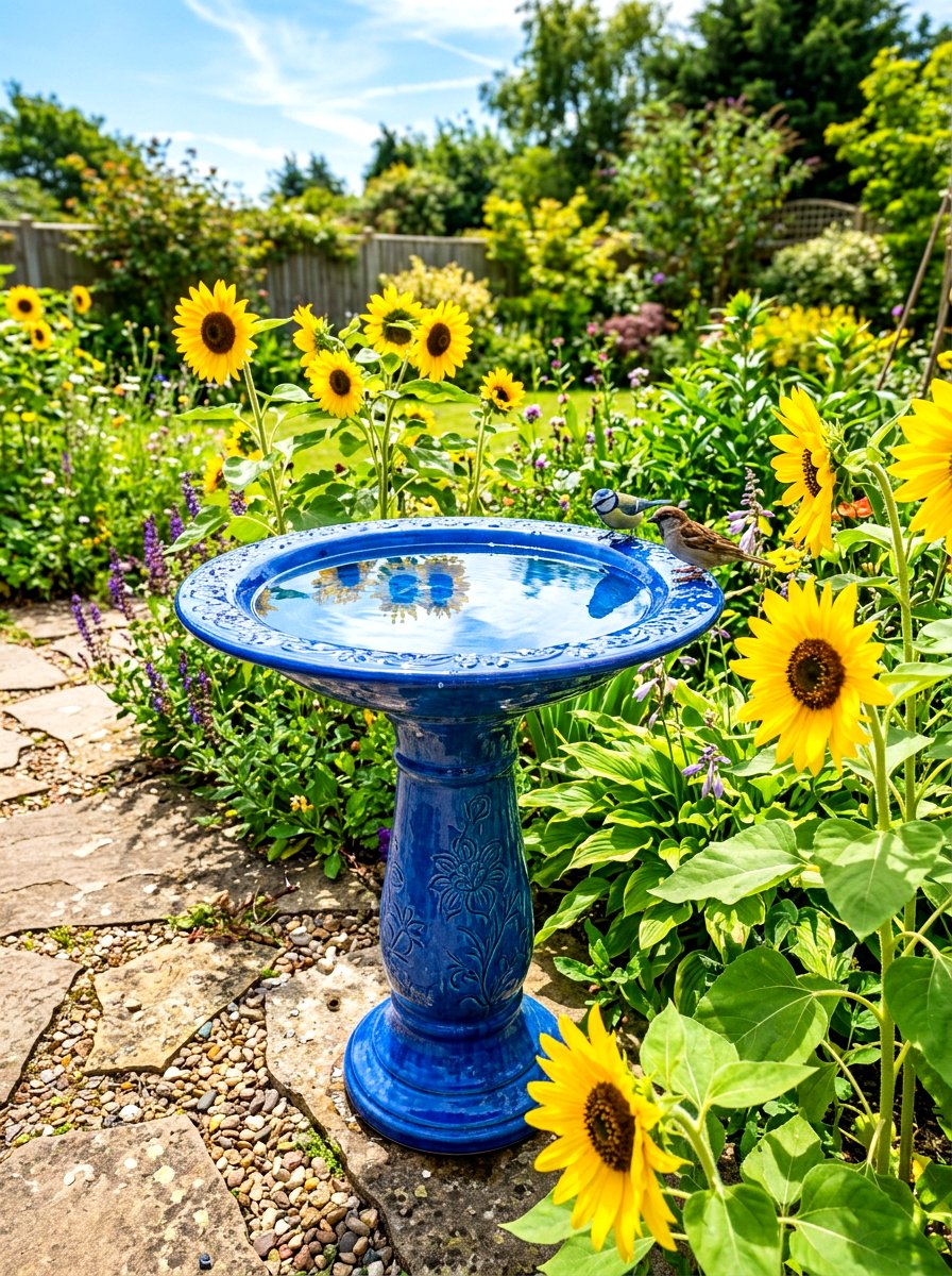 Blue glazed bird bath - 30 front yard bird bath ideas