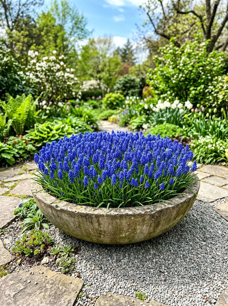 Blue grape hyacinth display - 30 bulb layer planting ideas