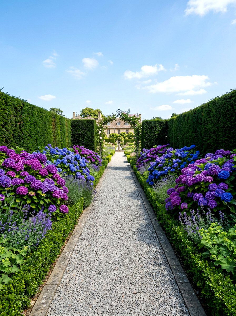 Blue hydrangea and yew hedge garden - 30 evergreen and hydrangea landscape ideas