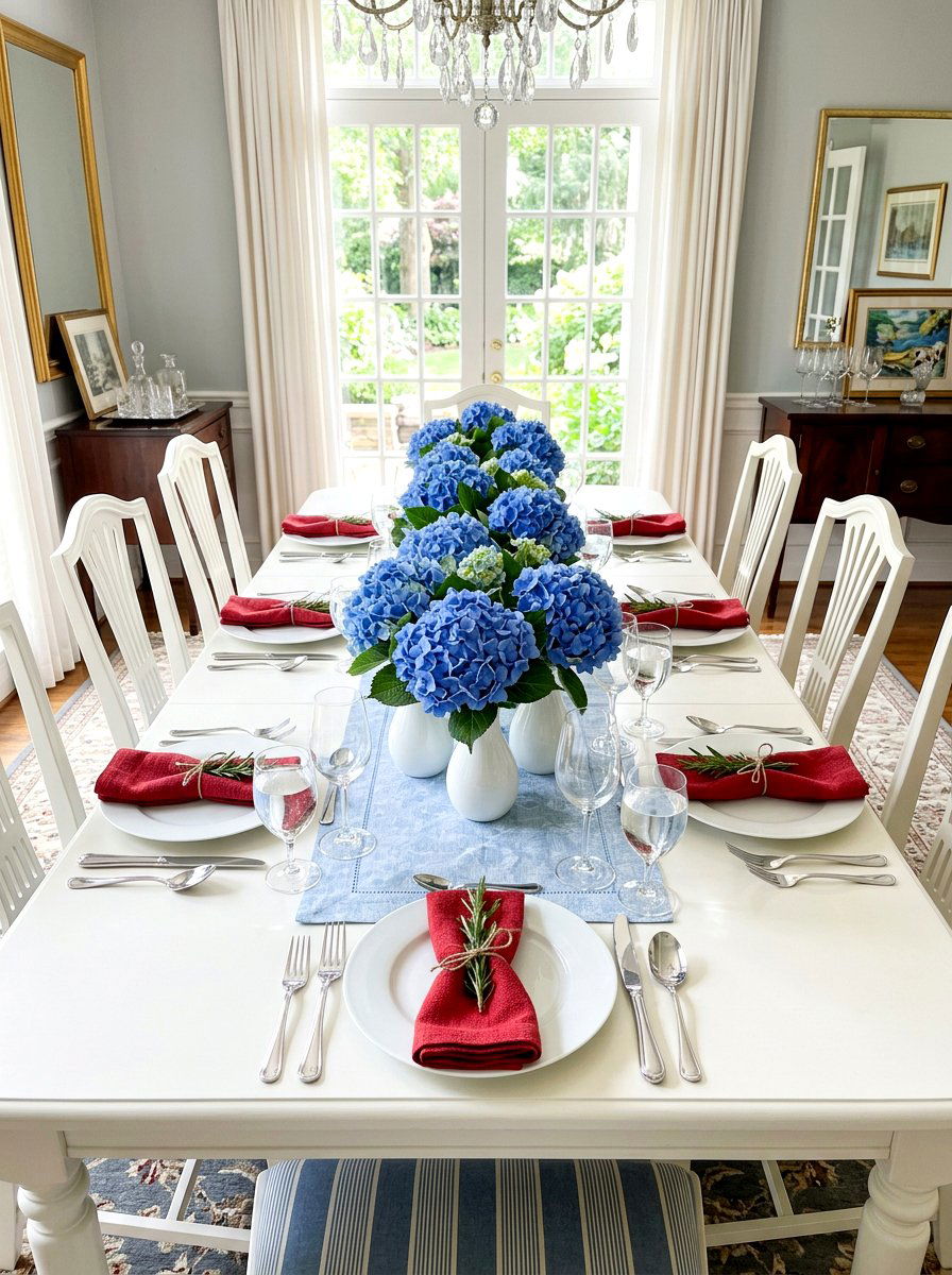 Blue hydrangea centerpiece - 30 patriotic table decor ideas