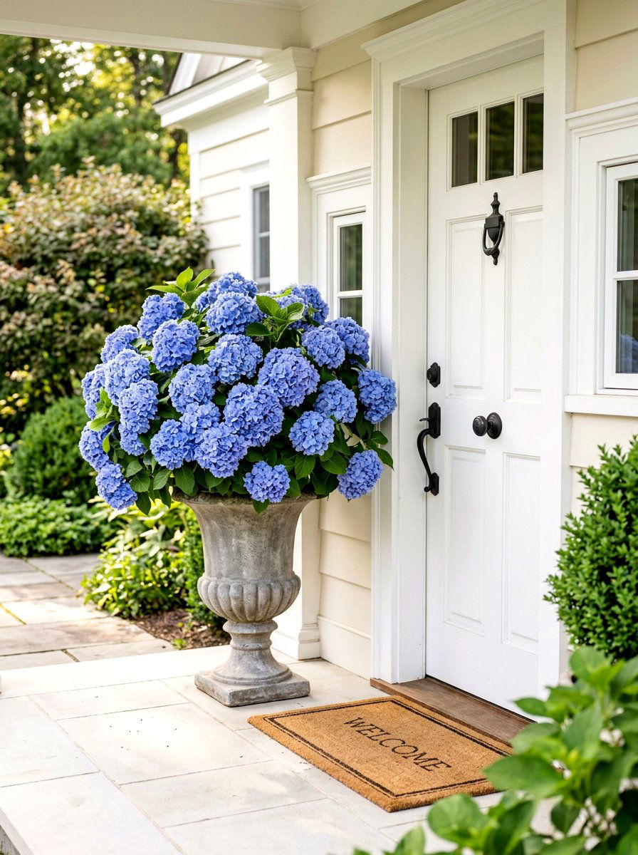 Blue hydrangea entryway urn - 30 porch urn planter ideas