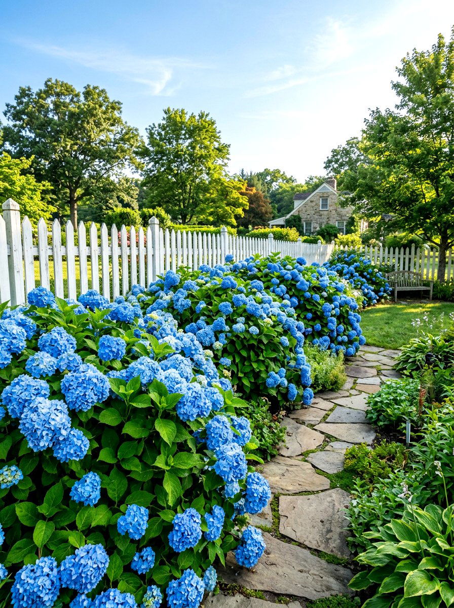 Blue hydrangea landscape - 30 summer bloom garden ideas