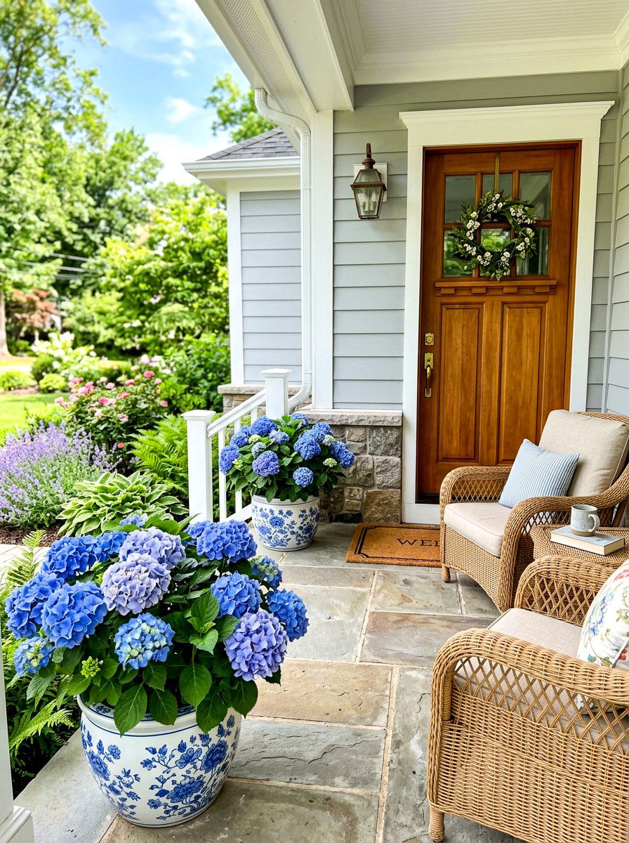 Blue hydrangea porch planters - 30 hydrangea heavy front porch ideas