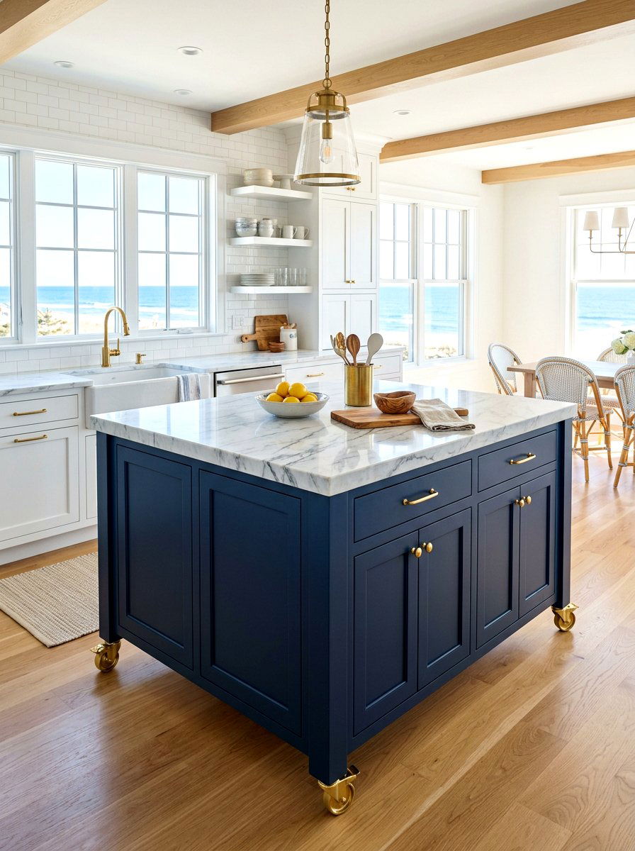Blue kitchen island with marble top on wheels - 30 movable kitchen island ideas