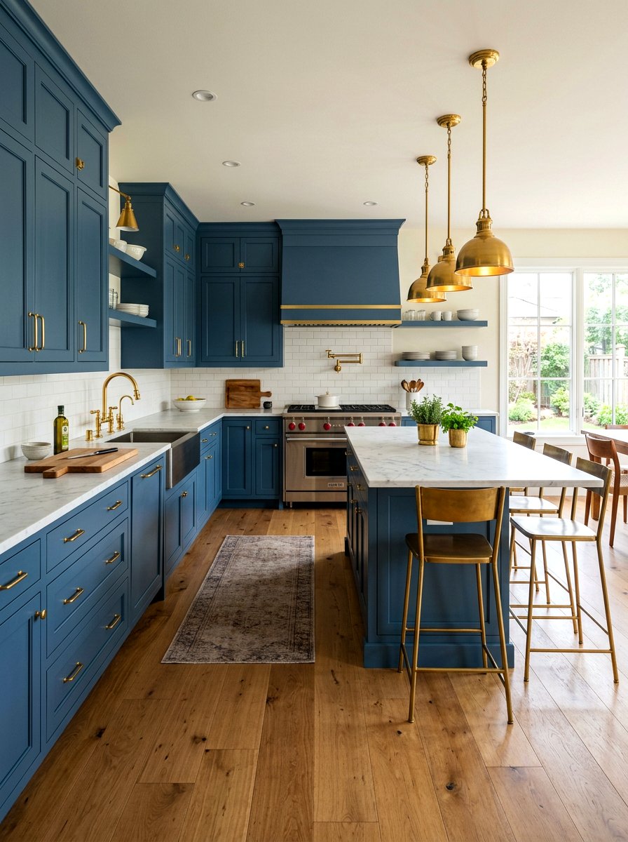 Blue kitchen with brass fixtures - 30 denim blue kitchen ideas