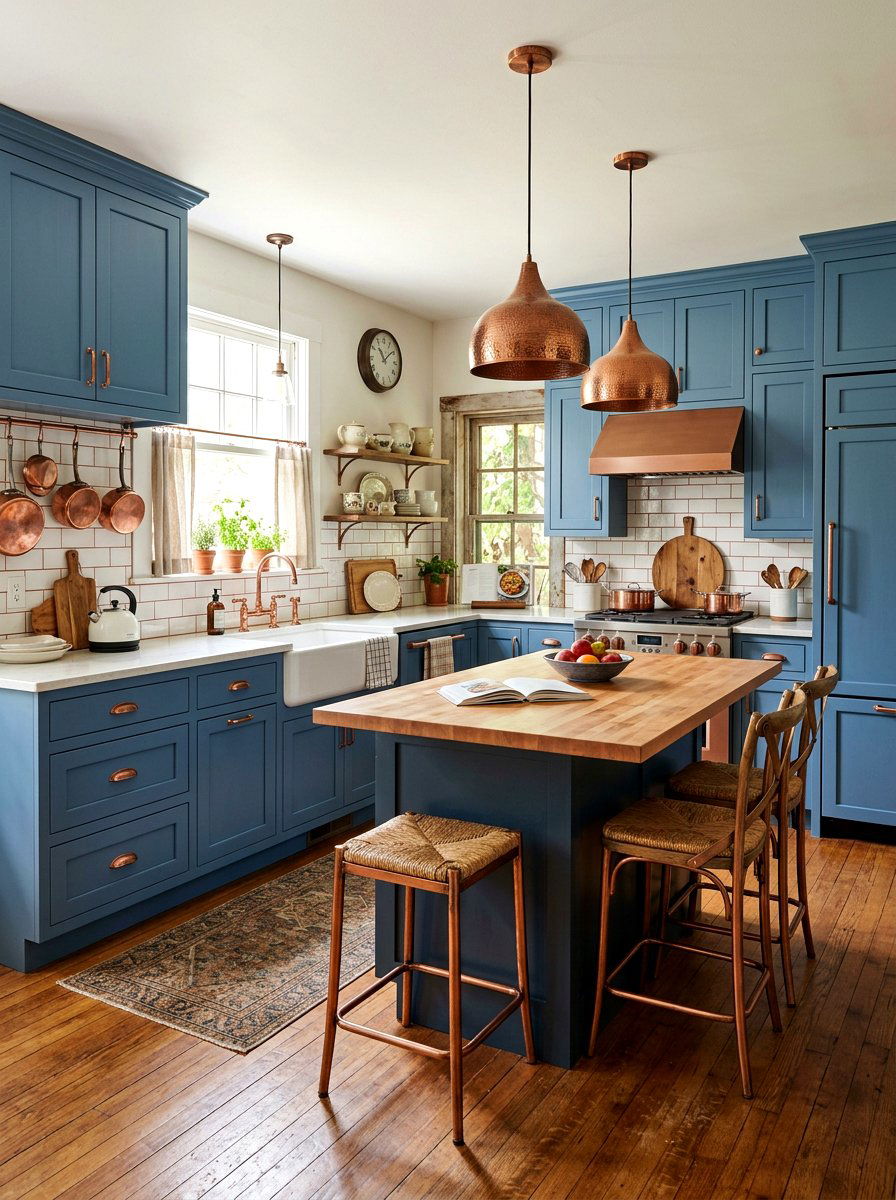 Blue kitchen with copper accents - 30 denim blue kitchen ideas