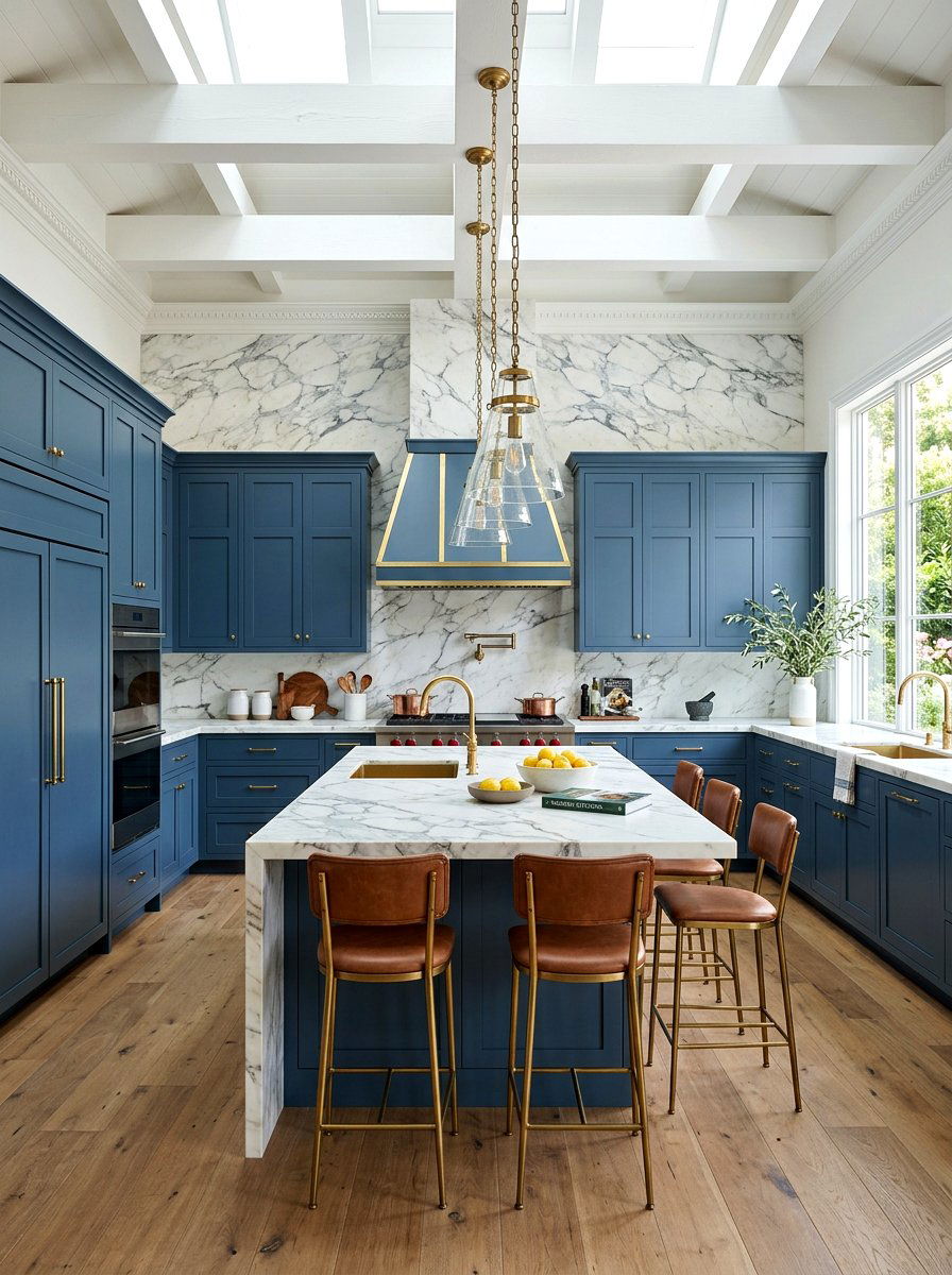 Blue kitchen with marble counters - 30 denim blue kitchen ideas