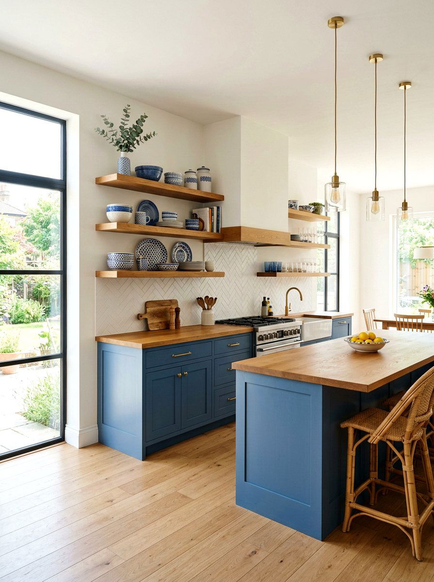 Blue kitchen with open shelving - 30 denim blue kitchen ideas