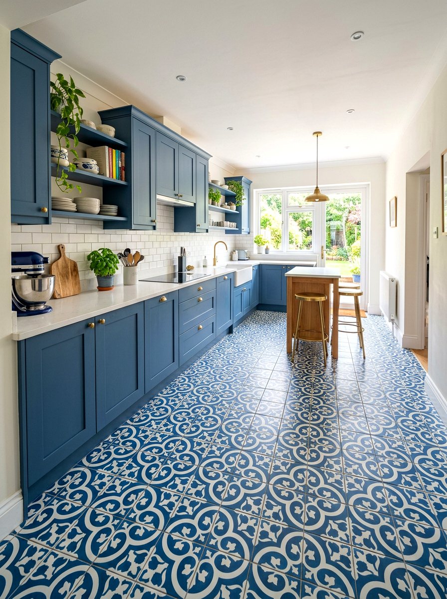 Blue kitchen with patterned floor - 30 denim blue kitchen ideas