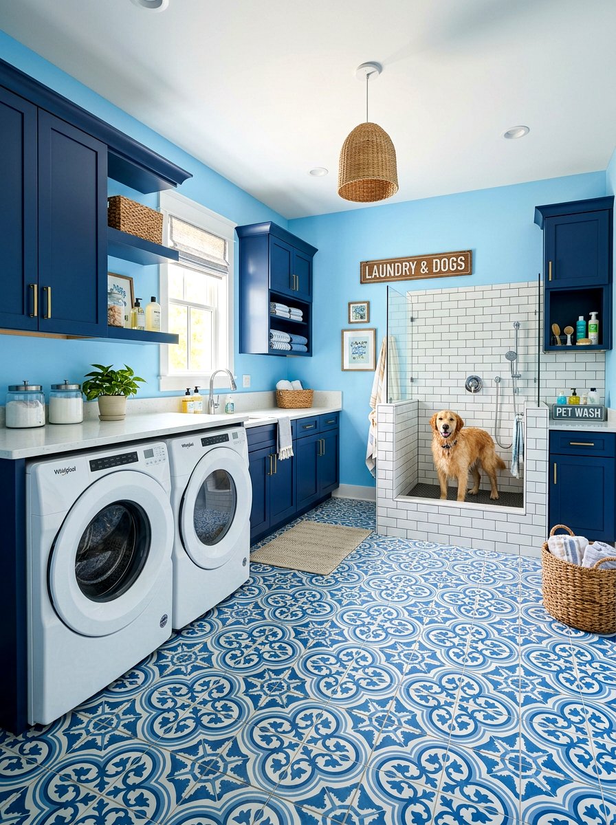 Blue laundry room with pet wash - 30 pet washing station laundry ideas