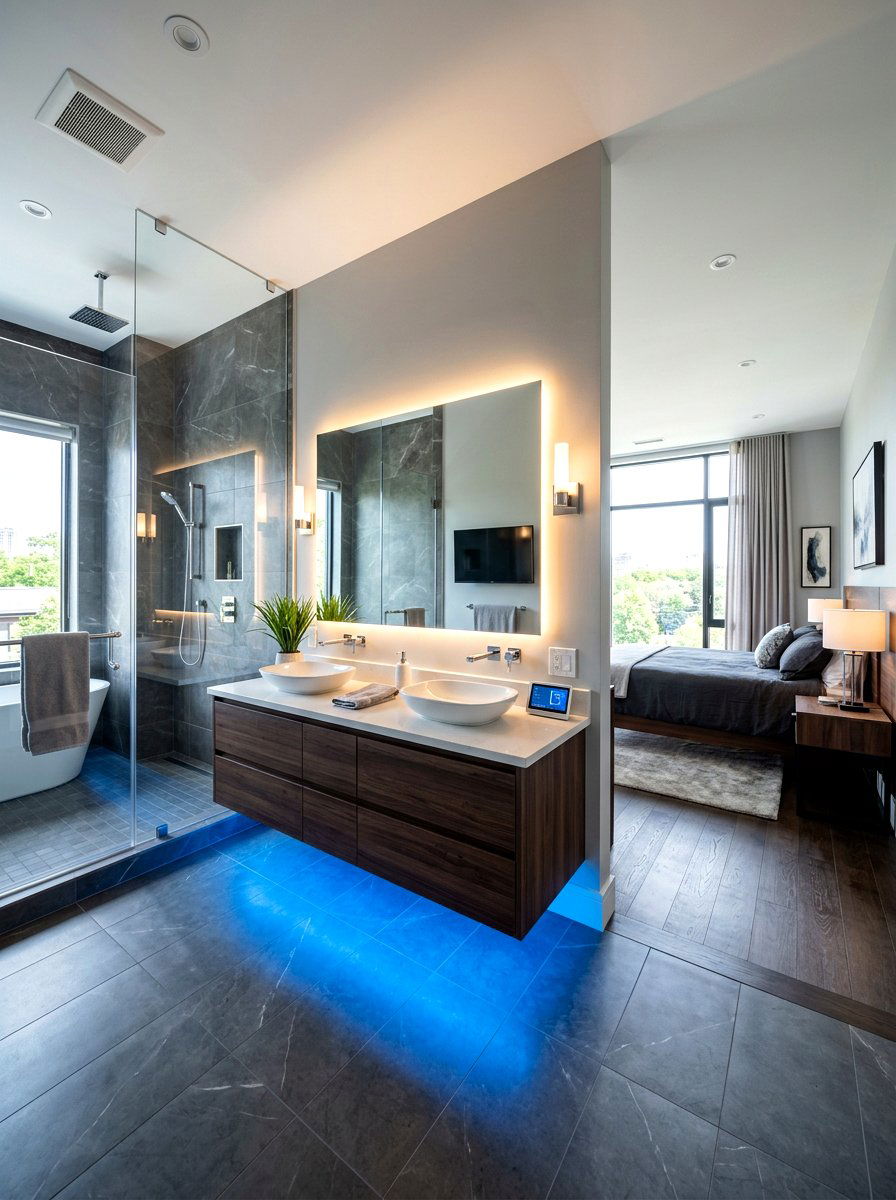 Blue led bathroom night light - 30 toe kick bathroom lighting ideas
