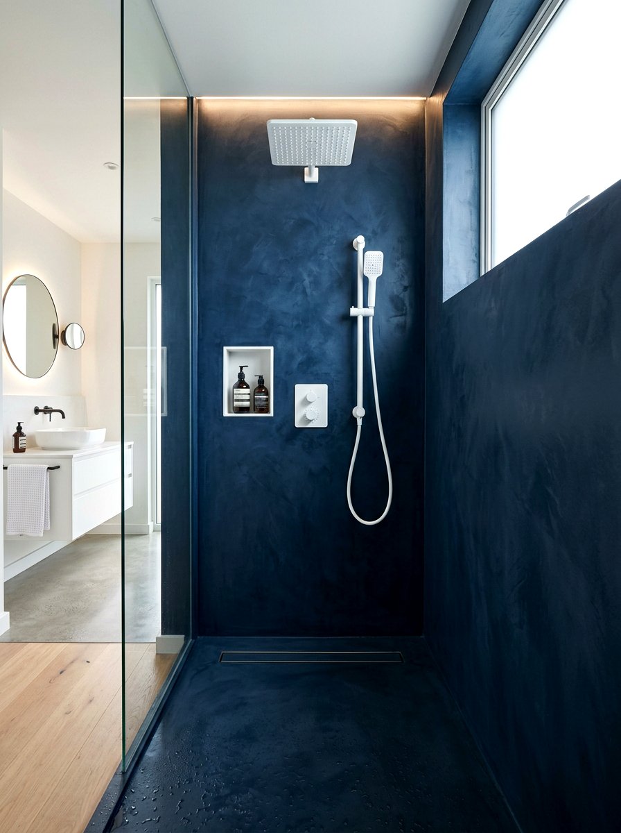 Blue microcement shower - 30 microcement shower ideas
