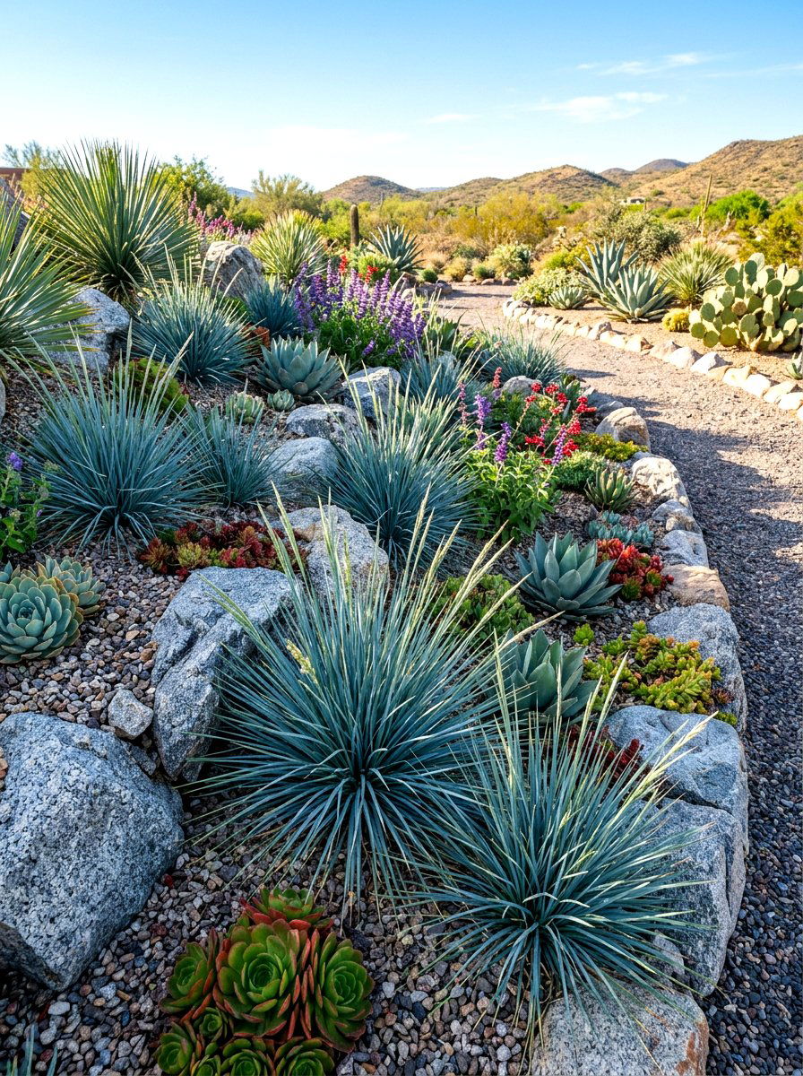 Blue oat grass rock garden edge - 30 ornamental grass border ideas