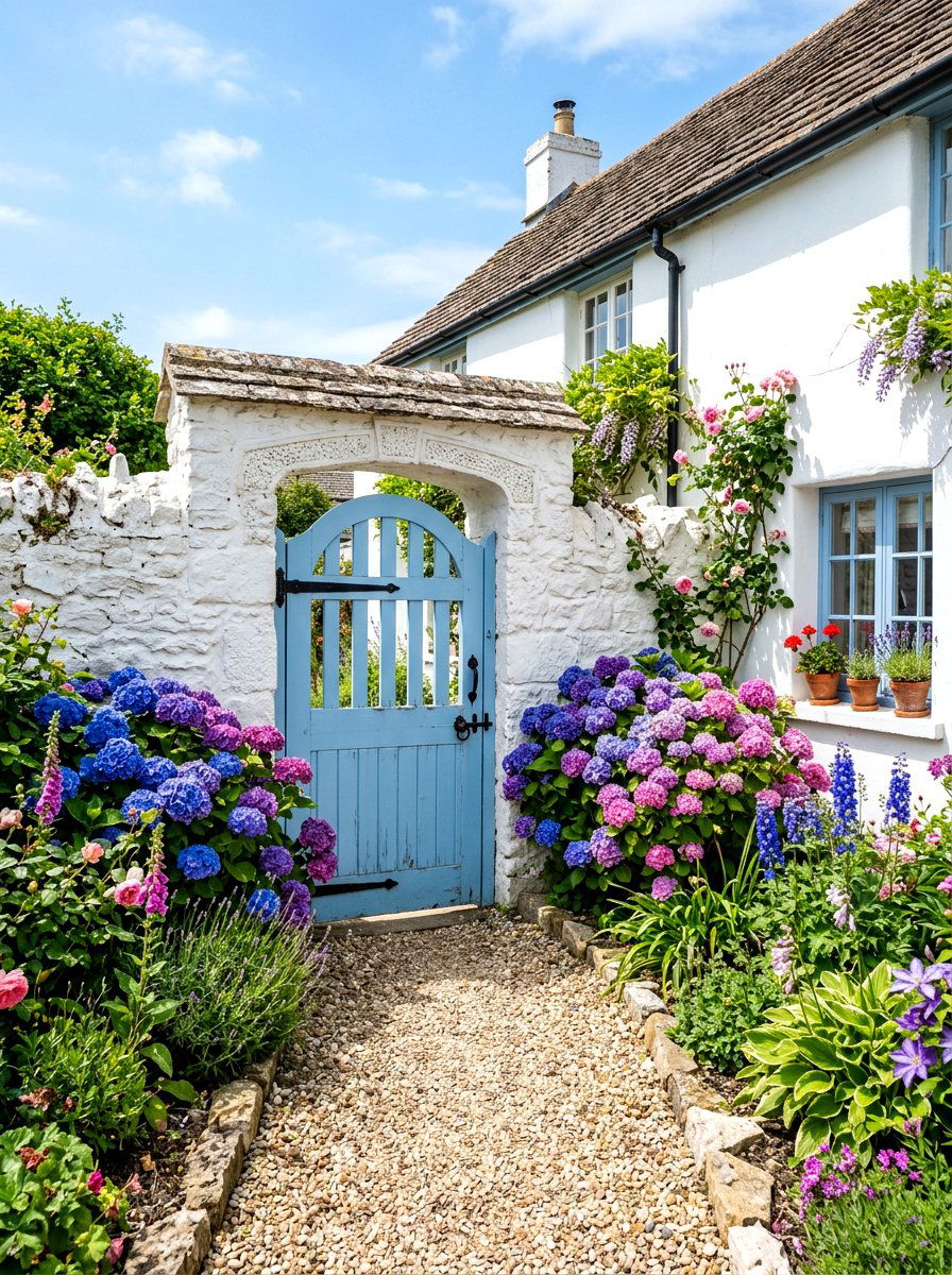 Blue painted garden gate - 30 cottage gate curb appeal ideas