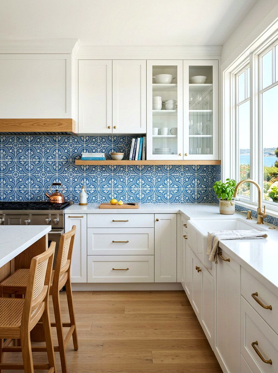 Blue patterned backsplash tile - 30 laundry room backsplash ideas