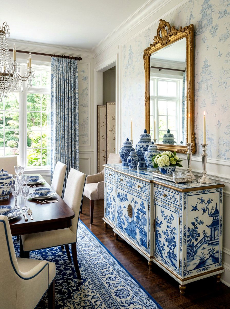 Blue patterned console - 30 skirted console table ideas