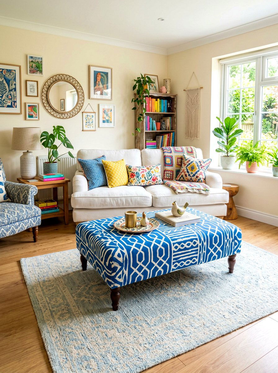 Blue patterned ottoman - 30 blue and white living room decor ideas