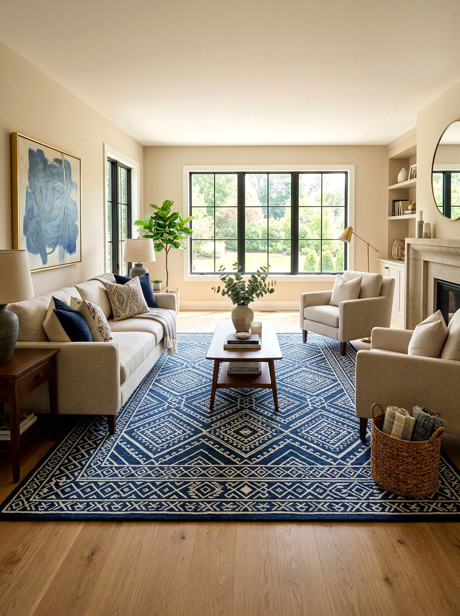 Blue patterned rug beige living room - 30 blue and beige living room ideas