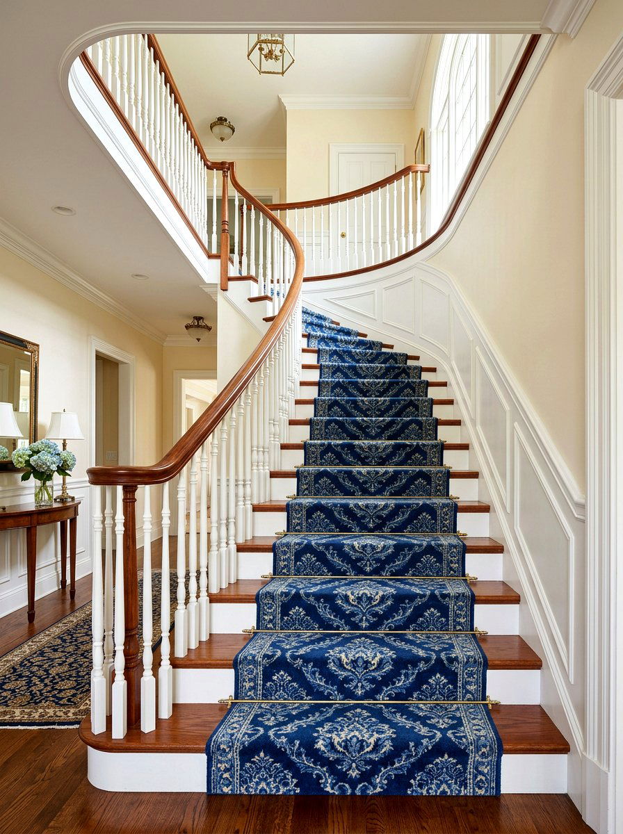 Blue patterned stair runner - 30 staircase runner ideas