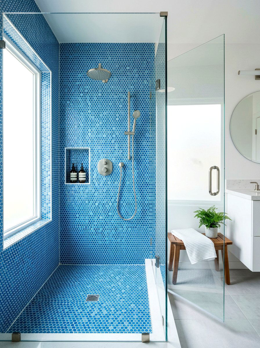 Blue penny tile shower - 30 penny tile bathroom ideas