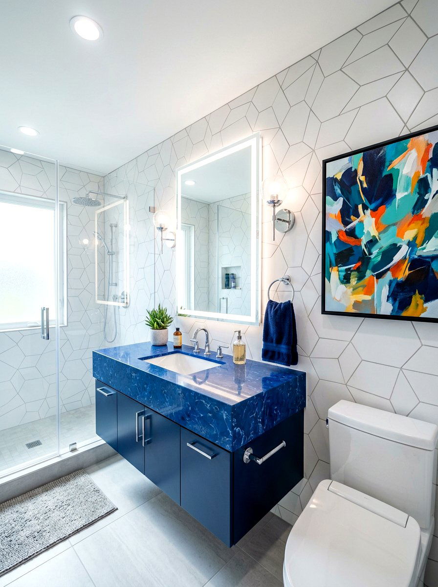 Blue quartz bathroom vanity - 30 integrated sink countertop ideas