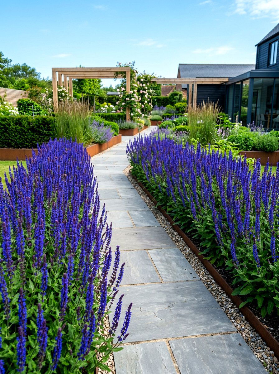 Blue salvia garden path - 30 summer bloom garden ideas