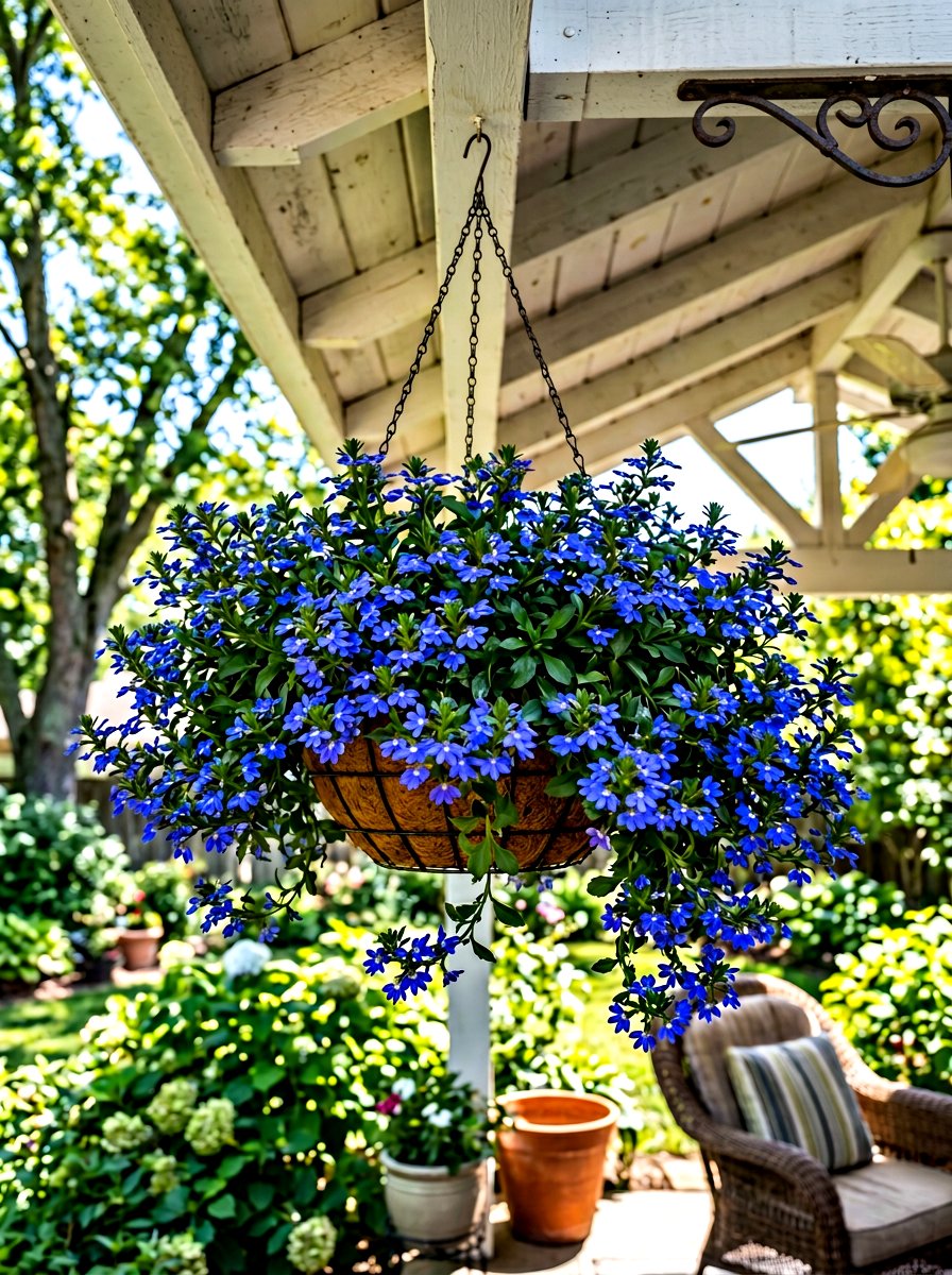 Blue scaevola hanging basket - 30 summer bloom garden ideas