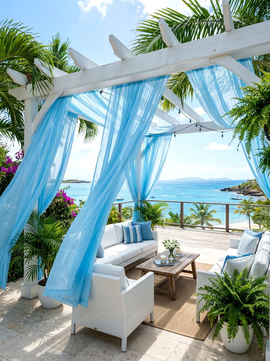 Blue sheer pergola oasis - 30 pergola privacy curtain ideas