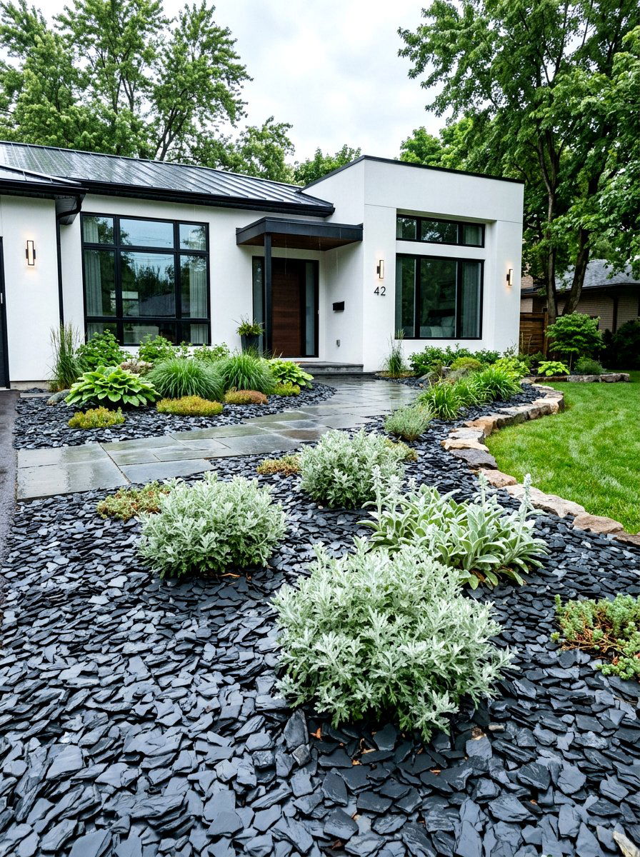 Blue slate landscape - 30 low maintenance front yard ideas
