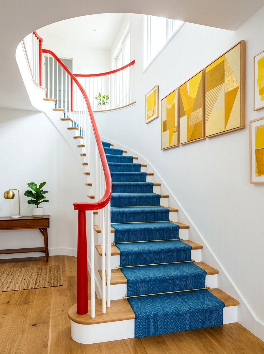Blue staircase runner - 30 primary color decor ideas