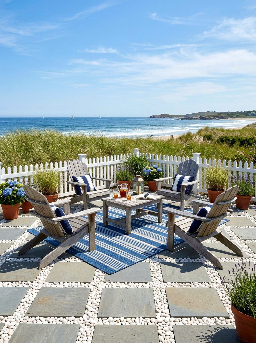 Blue stone and white pebble patio - 30 checkerboard patio paver ideas
