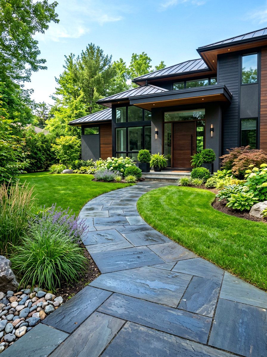 Blue stone garden path - 30 stepping stones through grass ideas