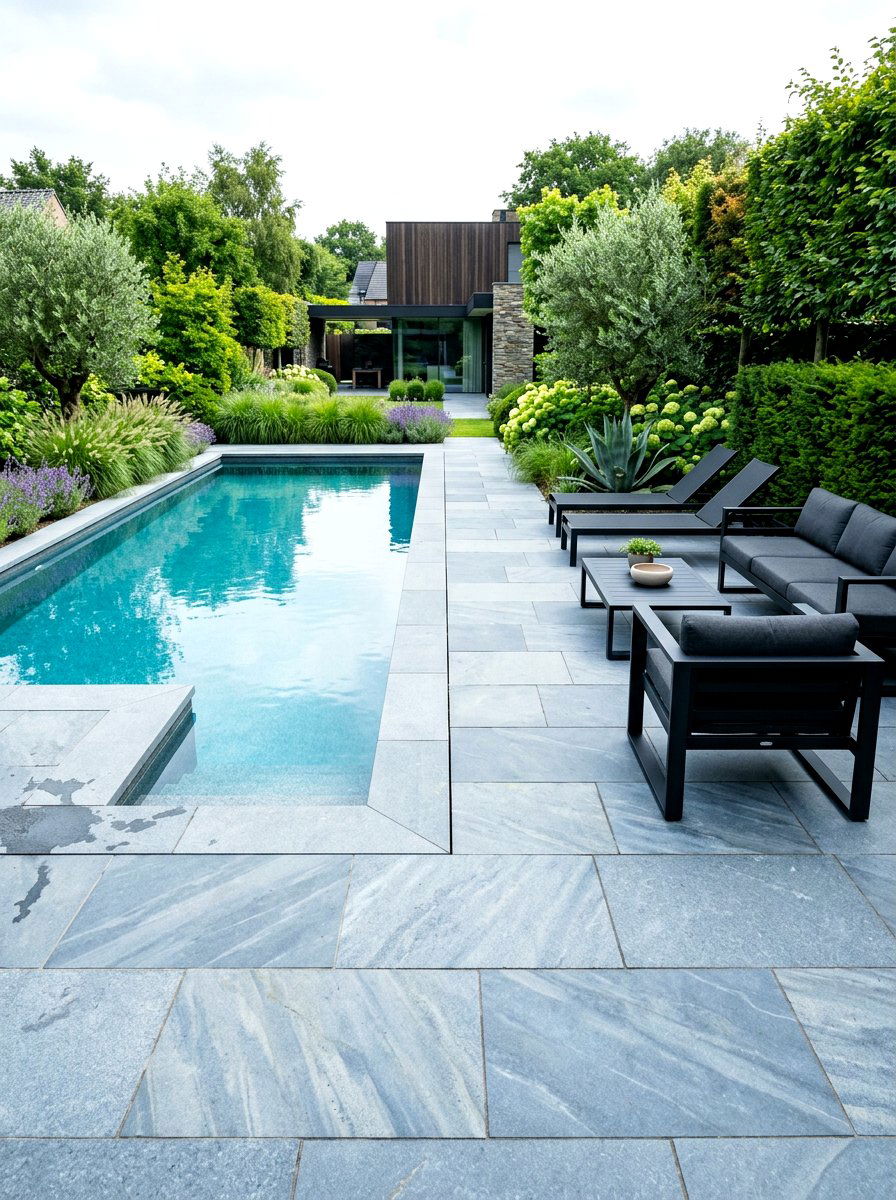 Blue stone pool surround - 30 small poolside patio ideas