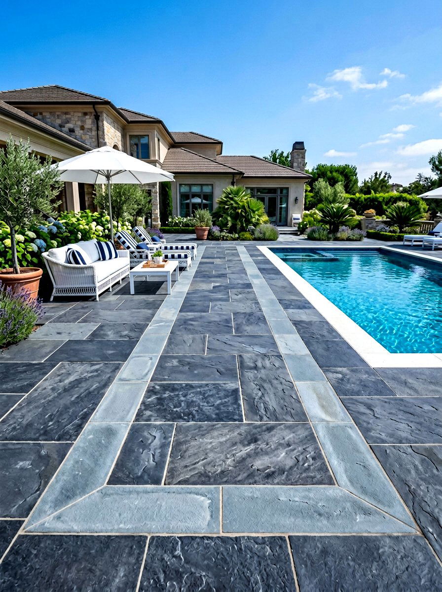 Blue stone rectangular border - 30 patio paver border ideas