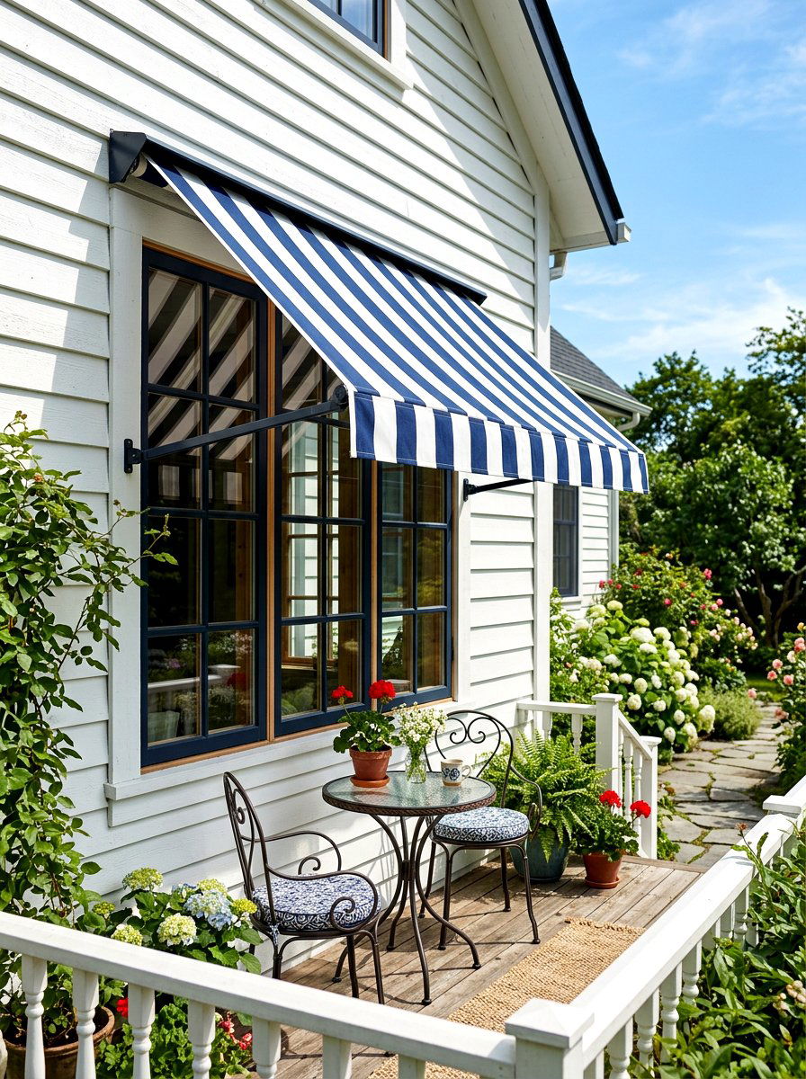 Blue striped window awning - 30 Nancy Meyers front porch ideas