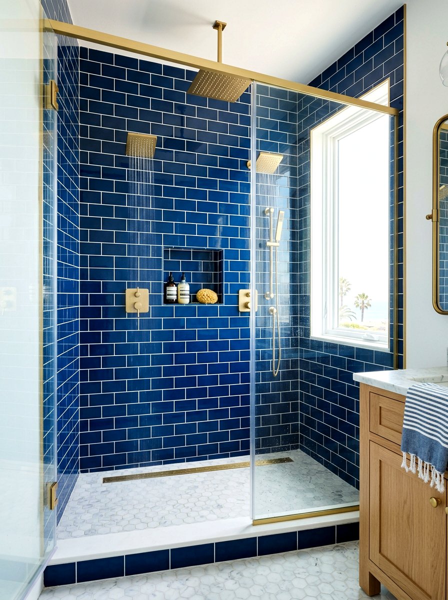 Blue subway tile shower - 30 double shower bathroom ideas